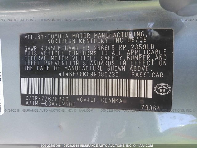 4T4BE46K69R080230 - 2009 TOYOTA CAMRY SE/LE/XLE Light Blue photo 9