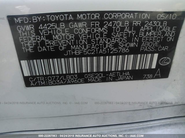 JTHBF5C21A5125786 - 2010 LEXUS IS 250 WHITE photo 9