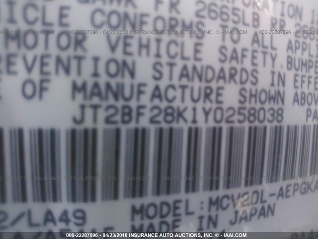 JT2BF28K1Y0258038 - 2000 TOYOTA CAMRY LE/XLE GRAY photo 9