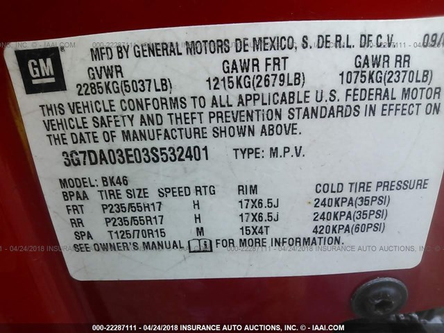 3G7DA03E03S532401 - 2003 PONTIAC AZTEK RED photo 9