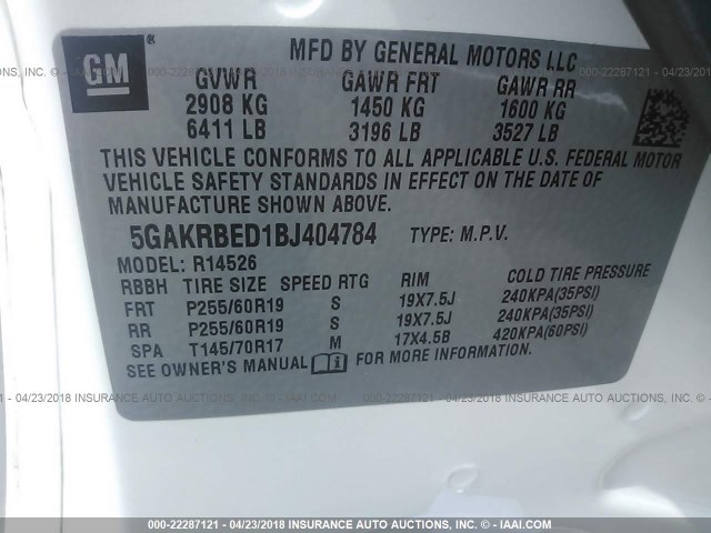 5GAKRBED1BJ404784 - 2011 BUICK ENCLAVE CXL 白色 照片 9