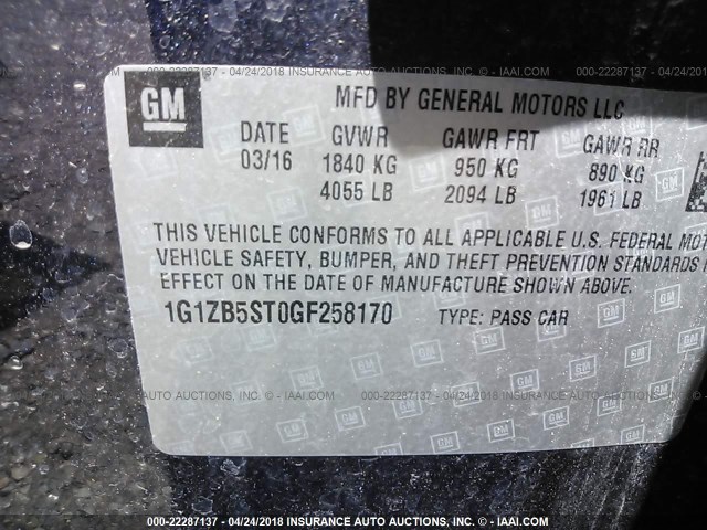 1G1ZB5ST0GF258170 - 2016 CHEVROLET MALIBU LS BLUE photo 9