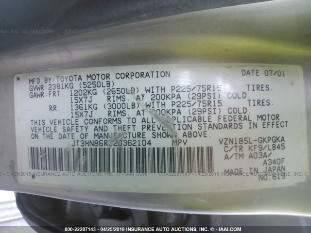 JT3HN86R020362104 - 2002 TOYOTA 4RUNNER SR5 SILVER photo 9