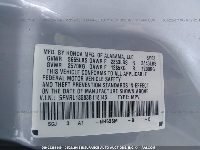 5FNRL18583B118145 - 2003 HONDA ODYSSEY LX SILVER photo 9