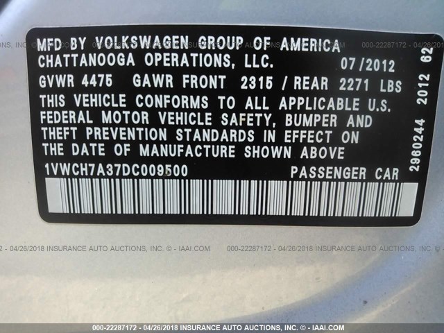 1VWCH7A37DC009500 - 2013 VOLKSWAGEN PASSAT SEL BLUE photo 9