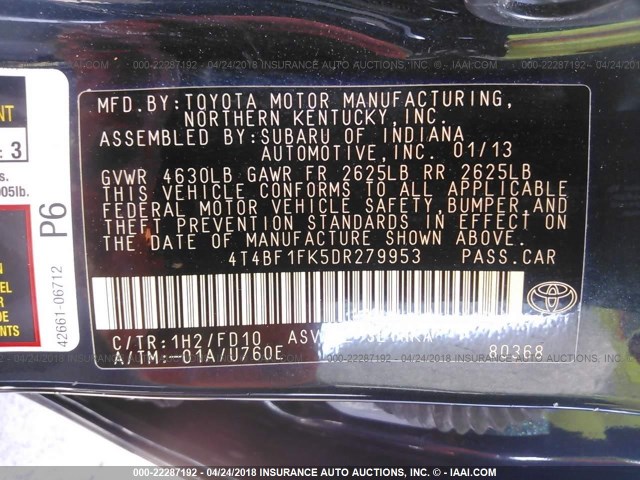 4T4BF1FK5DR279953 - 2013 TOYOTA CAMRY L/SE/LE/XLE 黑色 照片 9