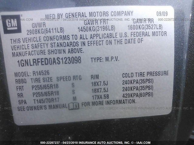 1GNLRFED0AS123098 - 2010 CHEVROLET TRAVERSE LT GRAY photo 9