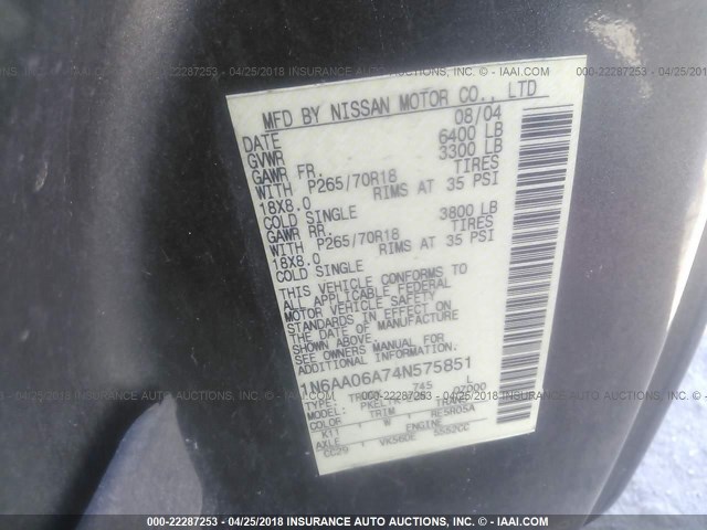 1N6AA06A74N575851 - 2004 NISSAN TITAN XE/SE/LE GRAY photo 9