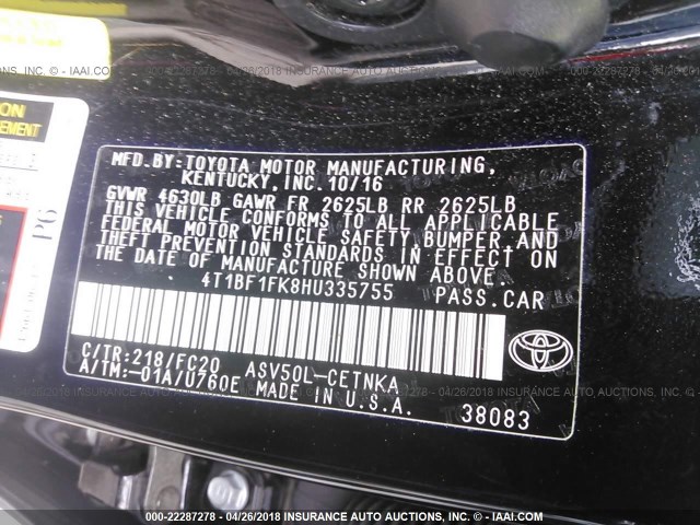 4T1BF1FK8HU335755 - 2017 TOYOTA CAMRY LE/XLE/SE/XSE BLACK photo 9