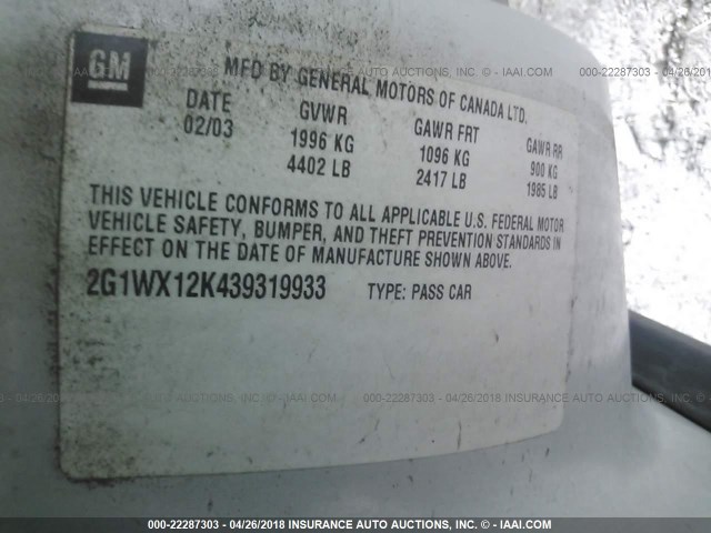 2G1WX12K439319933 - 2003 CHEVROLET MONTE CARLO SS თეთრი ფოტო 9