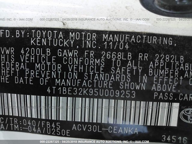 4T1BE32K95U009253 - 2005 TOYOTA CAMRY LE/XLE/SE 白色 照片 9