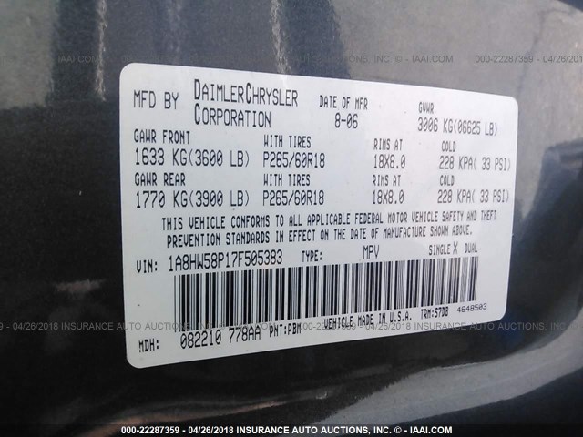 1A8HW58P17F505383 - 2007 CHRYSLER ASPEN LIMITED GRAY photo 9