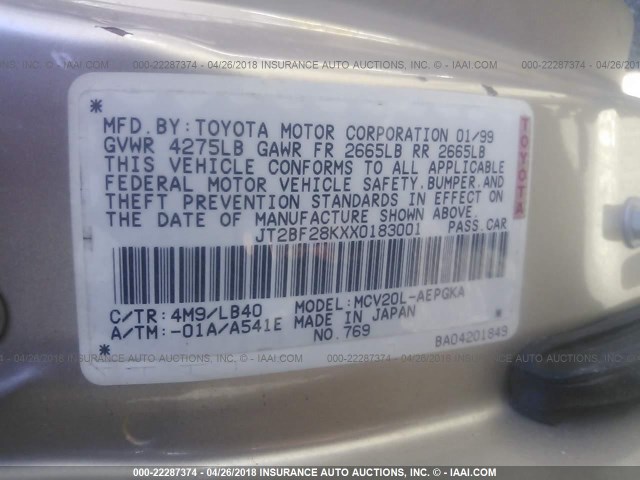 JT2BF28KXX0183001 - 1999 TOYOTA CAMRY LE/XLE Qızıl foto 9