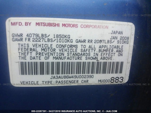 JA3AU86W49U002390 - 2009 MITSUBISHI LANCER GTS BLUE photo 9