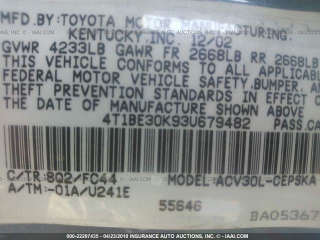 4T1BE30K93U679482 - 2003 TOYOTA CAMRY LE/XLE/SE BLUE photo 9
