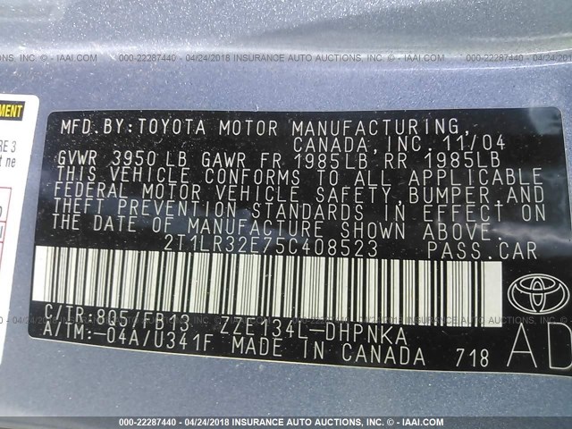 2T1LR32E75C408523 - 2005 TOYOTA COROLLA MATRIX XR Light Blue photo 9