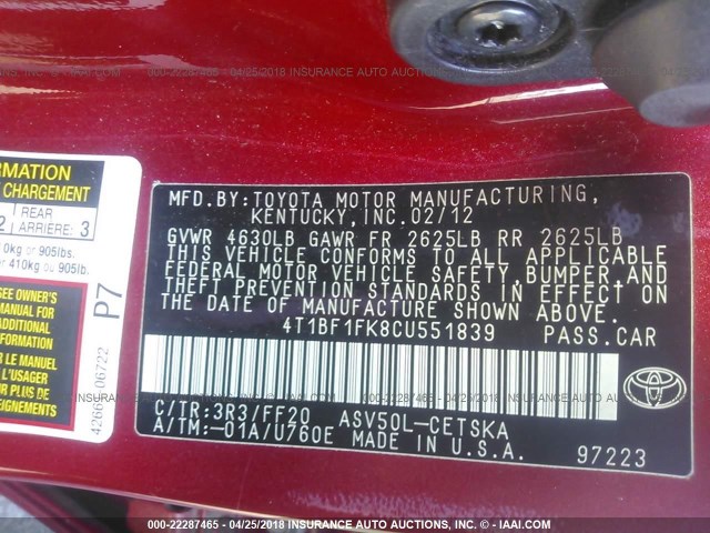 4T1BF1FK8CU551839 - 2012 TOYOTA CAMRY SE/LE/XLE RED photo 9