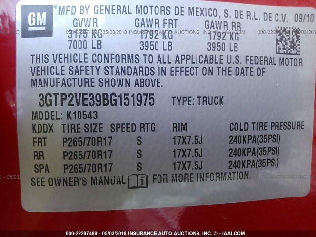 3GTP2VE39BG151975 - 2011 GMC SIERRA K1500 SLE RED photo 9