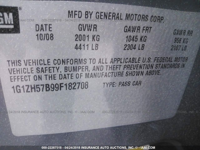 1G1ZH57B99F182708 - 2009 CHEVROLET MALIBU 1LT GRAY photo 9