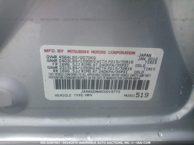 JA4AS2AWXCU019773 - 2012 MITSUBISHI OUTLANDER ES SILVER photo 9