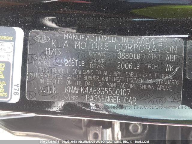 KNAFK4A63G5550107 - 2016 KIA FORTE LX BLACK photo 9