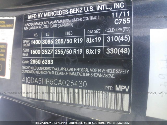 4JGDA5HB5CA026430 - 2012 MERCEDES-BENZ ML 350 4MATIC GRAY photo 9