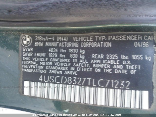 4USCD8327TLC71232 - 1996 BMW 318 I AUTOMATIC GREEN photo 9