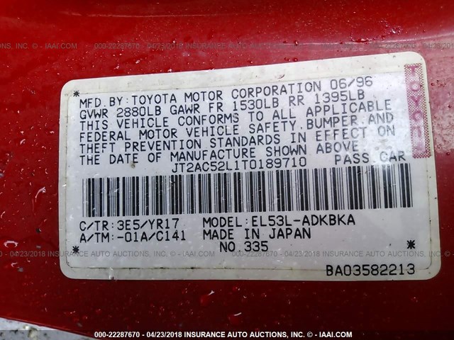 JT2AC52L1T0189710 - 1996 TOYOTA TERCEL STD/DX RED photo 9