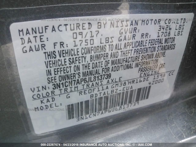 3N1CN7AP6JL813739 - 2018 NISSAN VERSA S/S PLUS/SV/SL GRAY photo 9