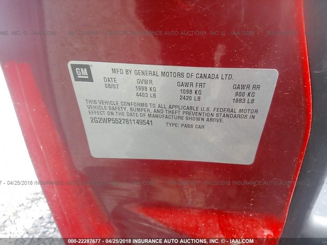 2G2WP552781149541 - 2008 PONTIAC GRAND PRIX RED photo 9