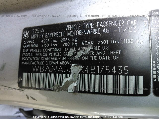 WBANA535X4B175435 - 2004 BMW 525 I SILVER photo 9