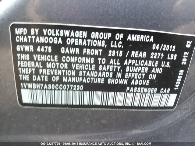 1VWBH7A30CC077230 - 2012 VOLKSWAGEN PASSAT SE GRAY photo 9