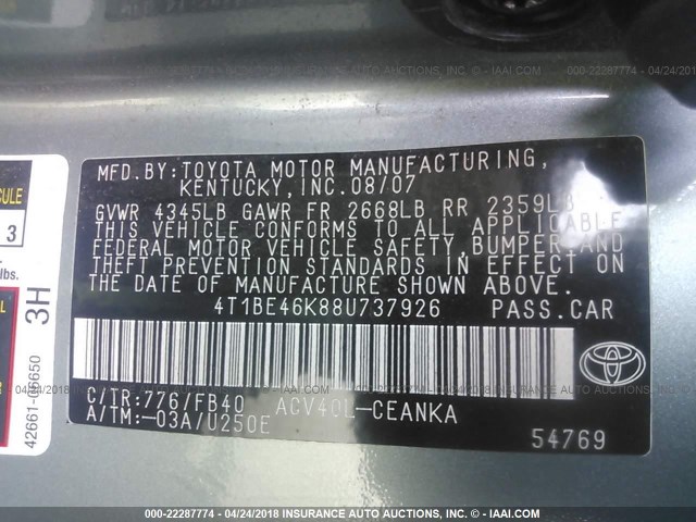 4T1BE46K88U737926 - 2008 TOYOTA CAMRY CE/LE/XLE/SE GREEN photo 9