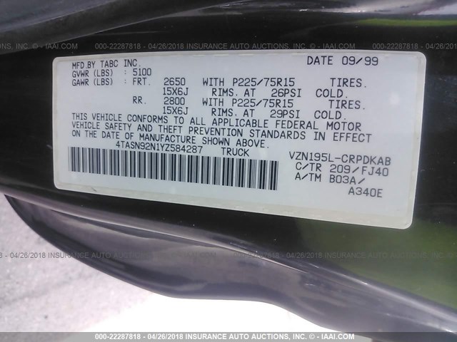 4TASN92N1YZ584287 - 2000 TOYOTA TACOMA XTRACAB PRERUNNER შავი ფოტო 9