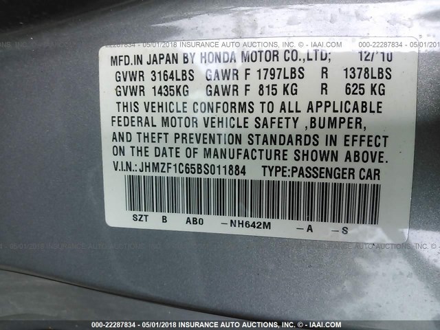 JHMZF1C65BS011884 - 2011 HONDA CR-Z EX SILVER photo 9