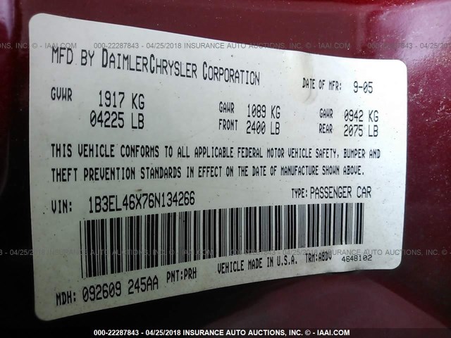 1B3EL46X76N134266 - 2006 DODGE STRATUS SXT RED photo 9