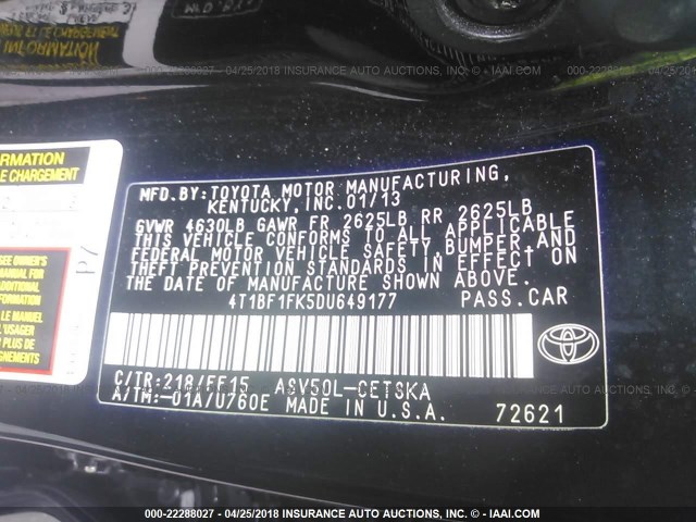 4T1BF1FK5DU649177 - 2013 TOYOTA CAMRY L/SE/LE/XLE 黑色 照片 9