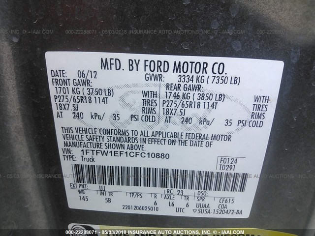 1FTFW1EF1CFC10880 - 2012 FORD F150 SUPERCREW GRAY photo 9