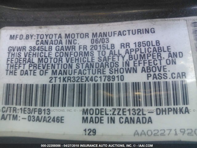 2T1KR32EX4C178910 - 2004 TOYOTA COROLLA MATRIX XR GRAY photo 9