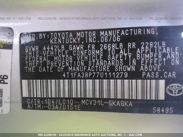 4T1FA38P77U111279 - 2007 TOYOTA CAMRY SOLARA SE/SLE ვერცხლისფერი ფოტო 9
