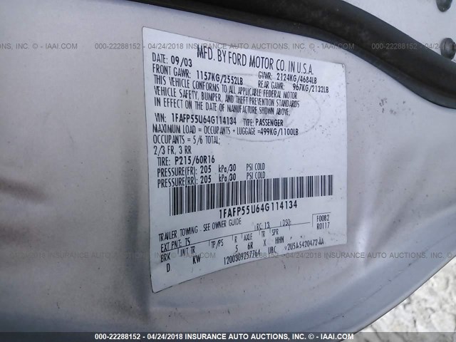 1FAFP55U64G114134 - 2004 FORD TAURUS SES SILVER photo 9