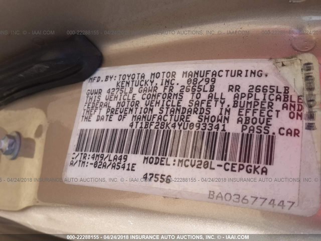 4T1BF28K4YU093341 - 2000 TOYOTA CAMRY LE/XLE GOLD photo 9