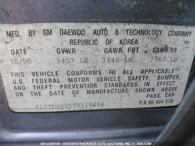 KL1TD56657B119484 - 2007 CHEVROLET AVEO LS BLUE photo 9