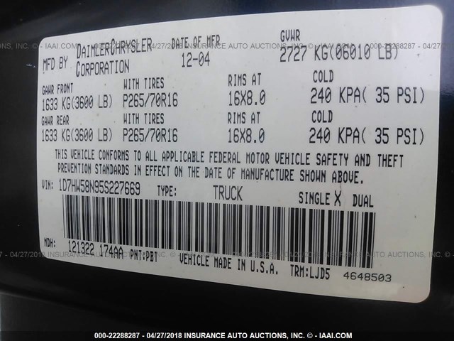 1D7HW58N95S227669 - 2005 DODGE DAKOTA QUAD LARAMIE BLUE photo 9