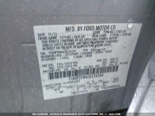 1FAHP2EW6CG126260 - 2012 FORD TAURUS SEL SILVER photo 9