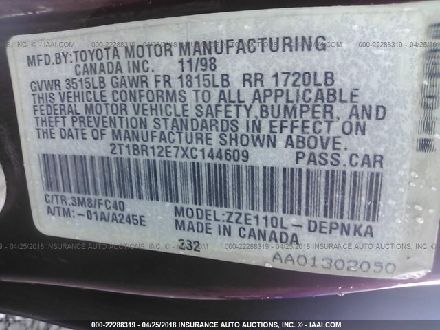 2T1BR12E7XC144609 - 1999 TOYOTA COROLLA VE/CE/LE 红色 照片 9