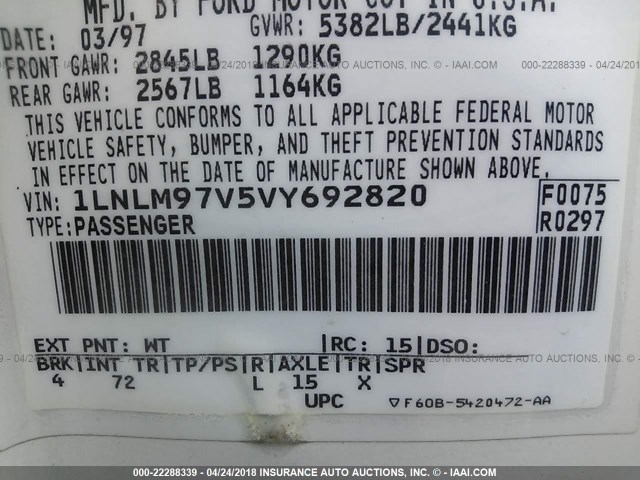 1LNLM97V5VY692820 - 1997 LINCOLN CONTINENTAL  白色 照片 9