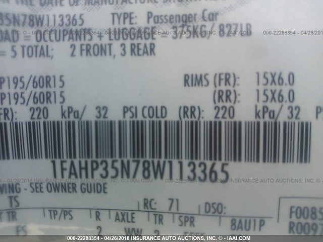 1FAHP35N78W113365 - 2008 FORD FOCUS SE/SEL/SES SILVER photo 9