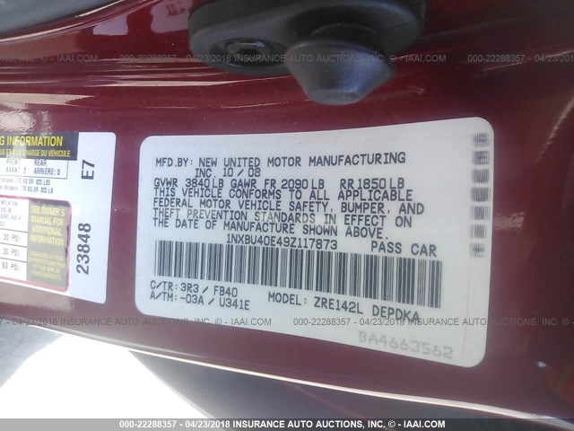 1NXBU40E49Z117873 - 2009 TOYOTA COROLLA S/LE/XLE RED photo 9