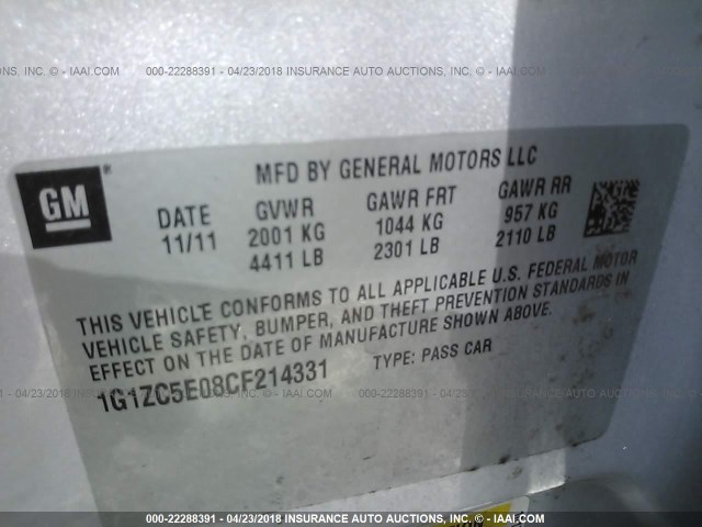 1G1ZC5E08CF214331 - 2012 CHEVROLET MALIBU 1LT 银色 照片 9